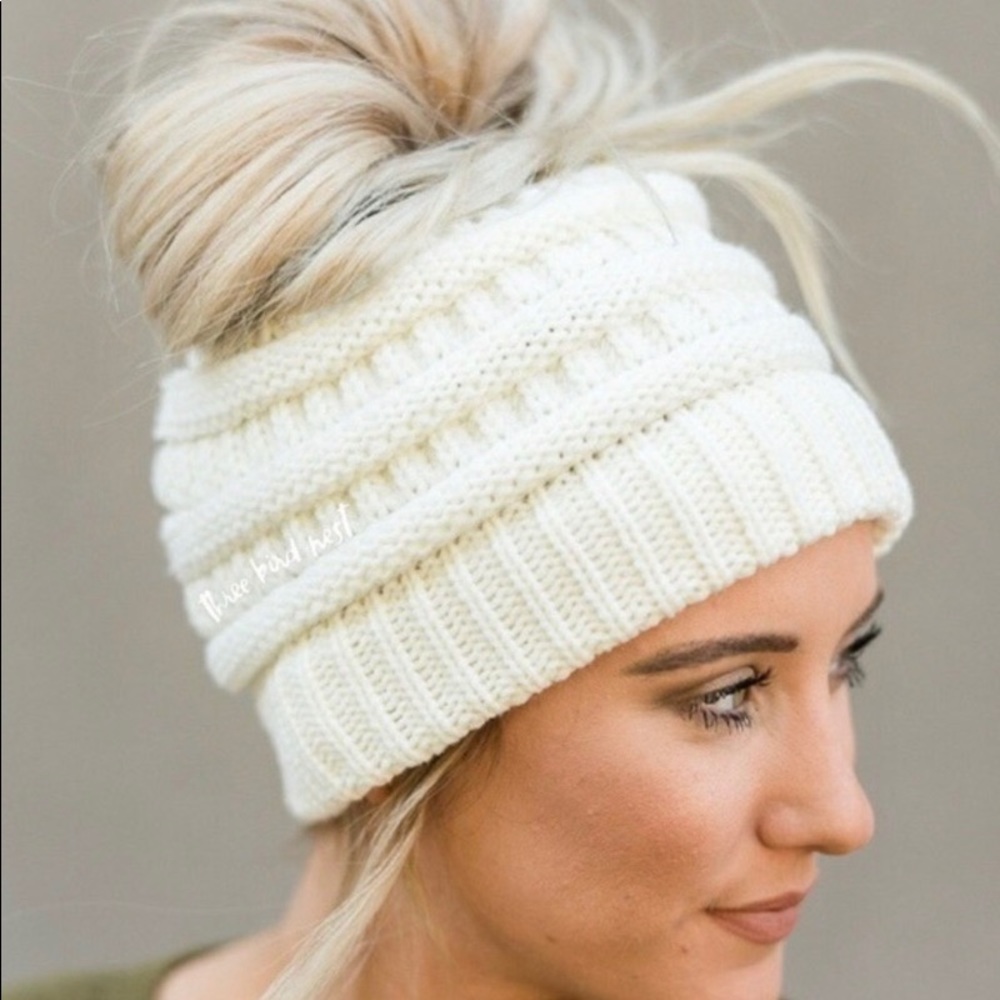 Cream Messy Bun Beanie! Super cute!